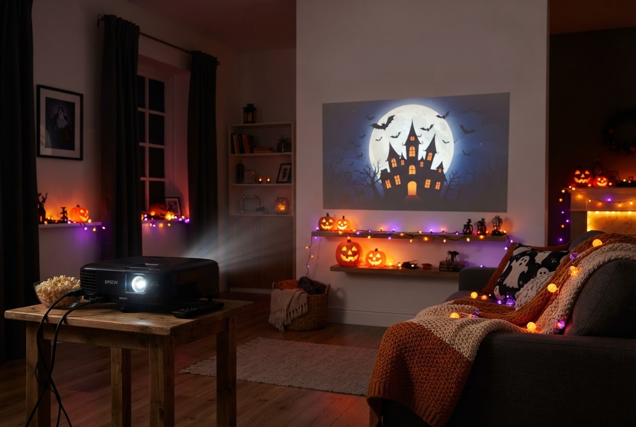 Ambiance Halloween Freeglass vidéoprojecteur Full HD offert Octobre 2026 - soirée cinéma à la maison