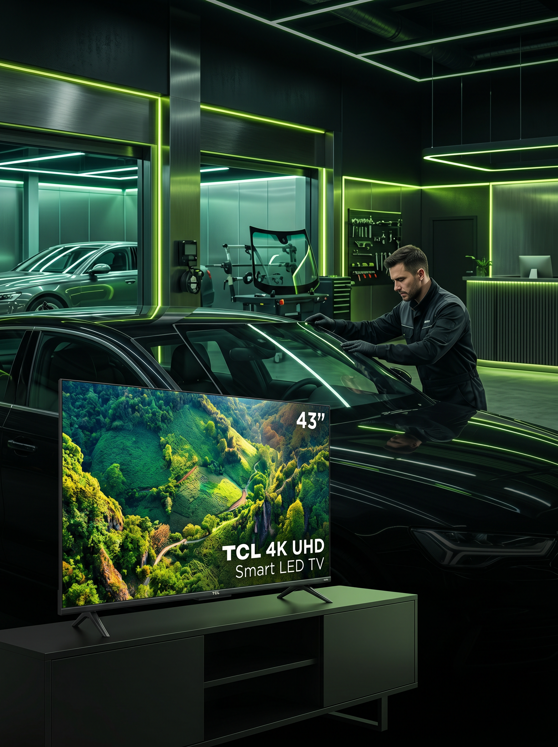 Offre du mois Freeglass Juin 2026 : pare-brise remplacé = franchise offerte + TV TCL 43 pouces 4K UHD Smart LED offerte
