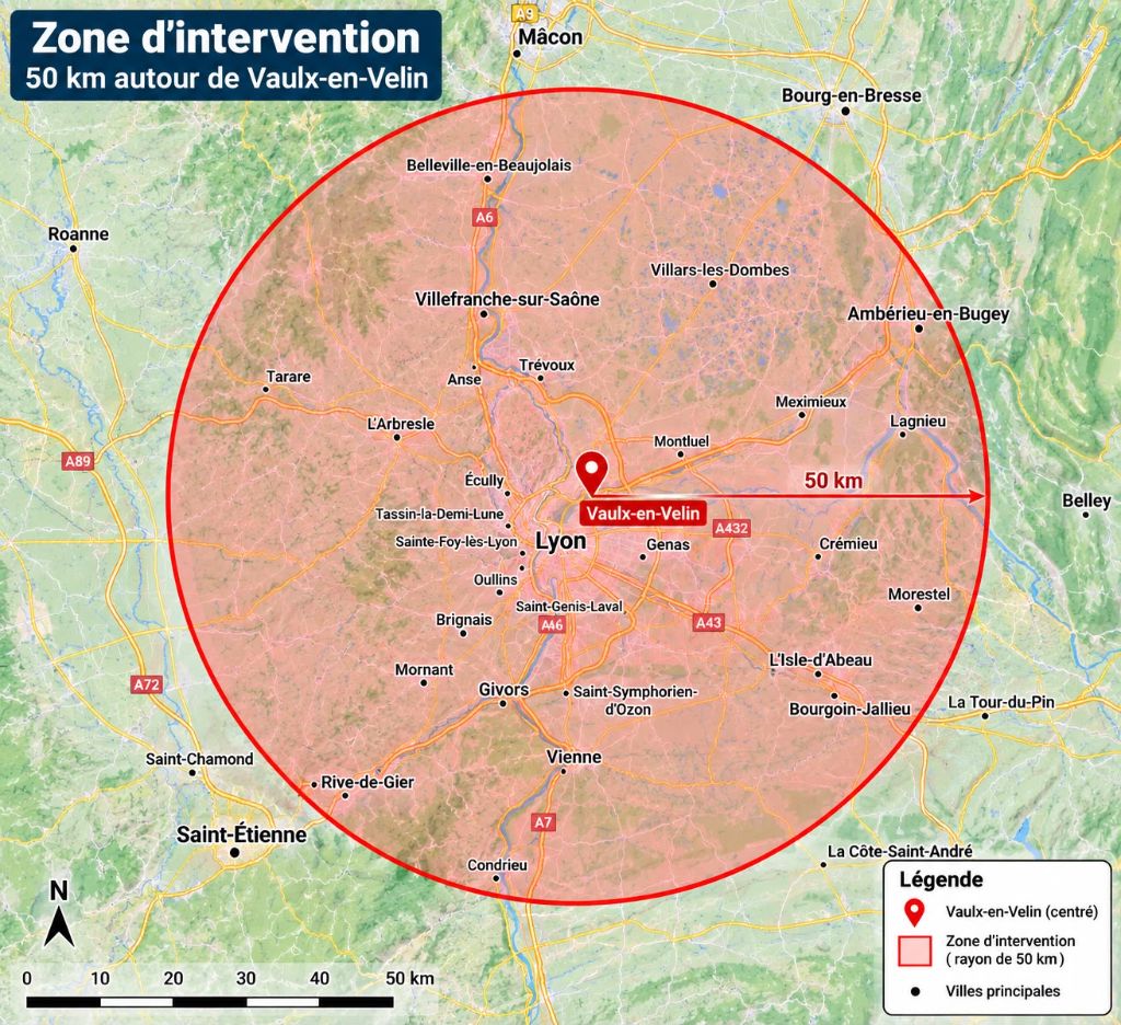 Carte de la zone d'intervention Freeglass Lyon : 50 km autour de Vaulx-en-Velin incluant Lyon, Villeurbanne, Villefranche-sur-Saône, Vienne, Bourgoin-Jallieu et Saint-Étienne